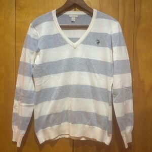 US Polo Assn Sweater Womens L Gray and Cream‎ Vneck Cotton Classic Preppy